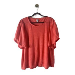 Chicos Blouse Womens Size XL Coral Salmon Ruffle Detail Short Sleeves Round Neck